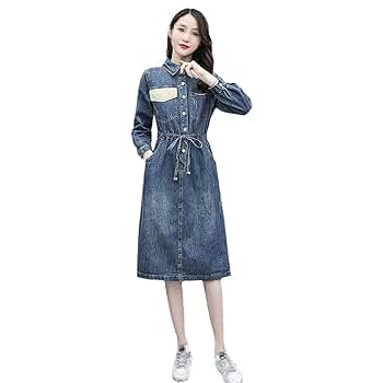 Spring Women Dresses Casual Turn-Down Collar Pockets Jeans